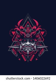 samurai mask head with sacred geometry pattern