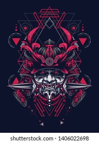 samurai mask head with sacred geometry pattern