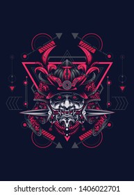 samurai mask head with sacred geometry pattern