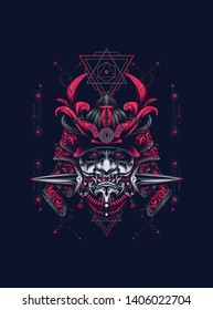 samurai mask head with sacred geometry pattern