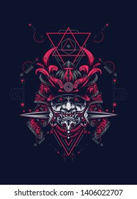 samurai mask head with sacred geometry pattern