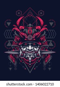 samurai mask head with sacred geometry pattern