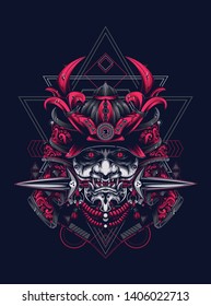 samurai mask head with sacred geometry pattern