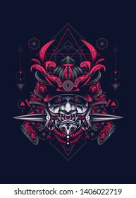 samurai mask head with sacred geometry pattern