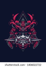 samurai mask head with sacred geometry pattern