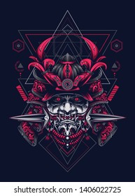 samurai mask head with sacred geometry pattern