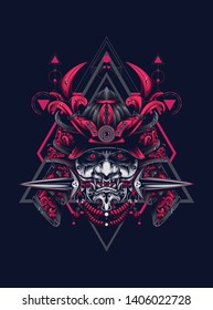 samurai mask head with sacred geometry pattern