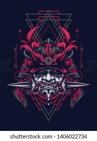 samurai mask head with sacred geometry pattern