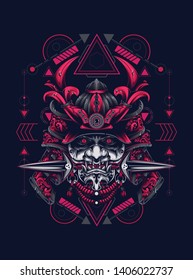 samurai mask head with sacred geometry pattern