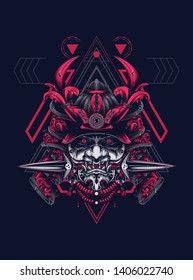 samurai mask head with sacred geometry pattern