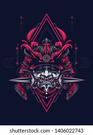 samurai mask head with sacred geometry pattern