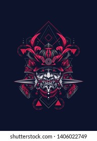 samurai mask head with sacred geometry pattern