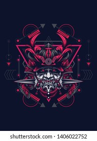 samurai mask head with sacred geometry pattern