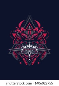 samurai mask head with sacred geometry pattern