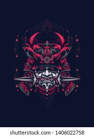 samurai mask head with sacred geometry pattern
