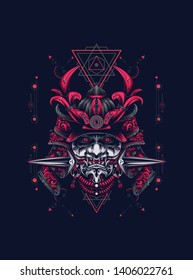 samurai mask head with sacred geometry pattern