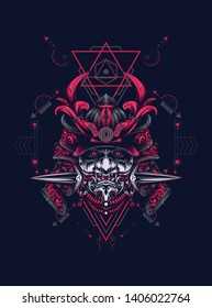 samurai mask head with sacred geometry pattern