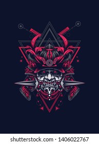 samurai mask head with sacred geometry pattern