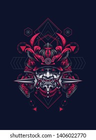 samurai mask head with sacred geometry pattern