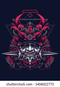 samurai mask head with sacred geometry pattern