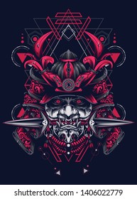 samurai mask head with sacred geometry pattern