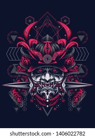 samurai mask head with sacred geometry pattern