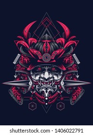 samurai mask head with sacred geometry pattern