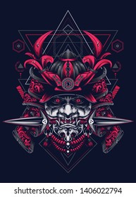 samurai mask head with sacred geometry pattern