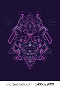 samurai mask head with sacred geometry pattern