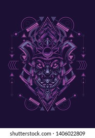 samurai mask head with sacred geometry pattern