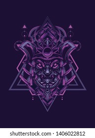 samurai mask head with sacred geometry pattern