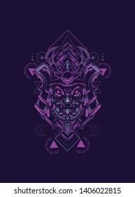 samurai mask head with sacred geometry pattern