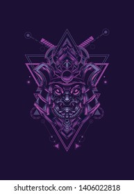 samurai mask head with sacred geometry pattern