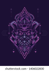 samurai mask head with sacred geometry pattern