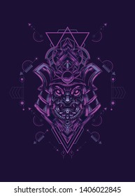 samurai mask head with sacred geometry pattern