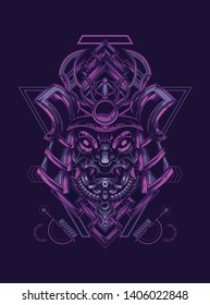 samurai mask head with sacred geometry pattern