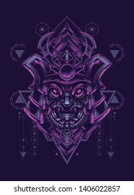 samurai mask head with sacred geometry pattern