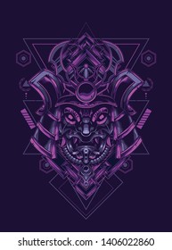 samurai mask head with sacred geometry pattern