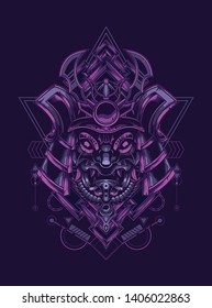 samurai mask head with sacred geometry pattern