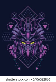 samurai mask head with sacred geometry pattern
