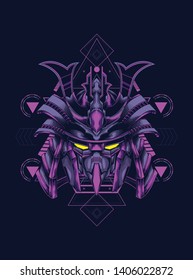 samurai mask head with sacred geometry pattern