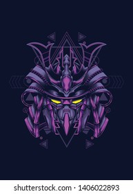 samurai mask head with sacred geometry pattern