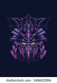 samurai mask head with sacred geometry pattern