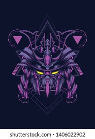samurai mask head with sacred geometry pattern