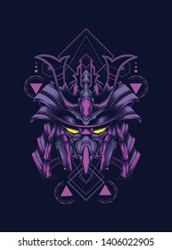 samurai mask head with sacred geometry pattern
