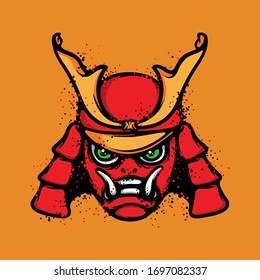 Samurai mask. Japanese shogun helmet. Warrior illustration concept isolated on orange background