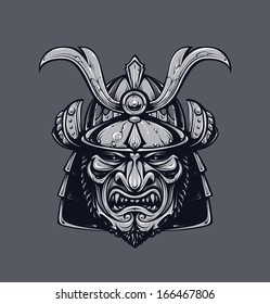 Samurai mask. Monochrome version. Japanese traditional martial mask. Vector EPS 10 illustration. 