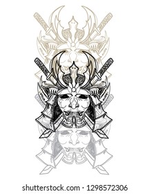 
Samurai mask, an old Japanese mask. Two swords, metal brushes. Freehand drawing in vintage style.