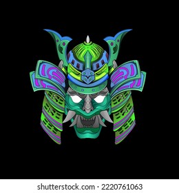 Samurai Maske Oni Devil Japanisch Traditionelle Rüstungsgeschosse Krieger Helm-Illustration. Militär- und Geschichtskonzept für Symbole und Embleme, geeignet für T-Shirt-Design, Flugblätter, Sticker, Karten