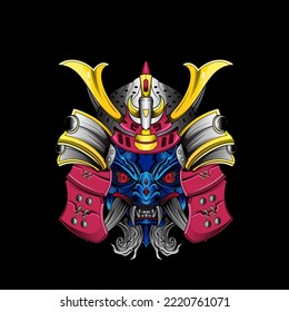 Samurai mask Oni Devil Japanese Traditional armor shogun warrior helmet illustration. Military and history concept for symbols and emblems templates Suitable for tshirt design, Flyers, Stickers, Cards